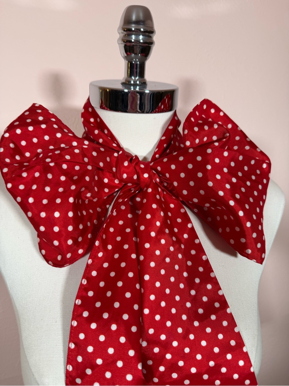 Vintage 1970 Red white polka dotted Oversized Twilly Bow Neck Scarf Cravat
